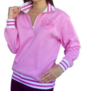 NWT ✨ FLASH SALE Barbie Cozy Fleece Lined Zip Up Varsity Sweater w Pink Stripe M